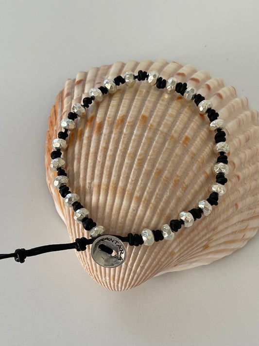 Men's Knotted Leather and Silver Beaded Bracelet