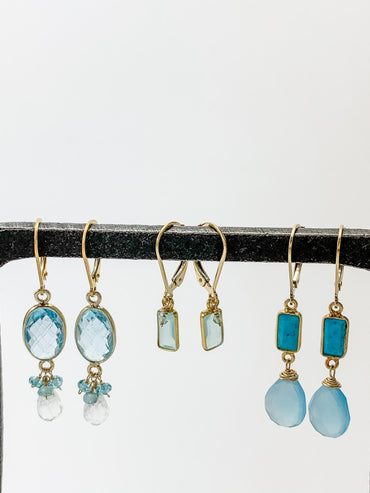 OVAL BLUE TOPAZ WITH AQUAMARINE TEARDROP EARRINGS
