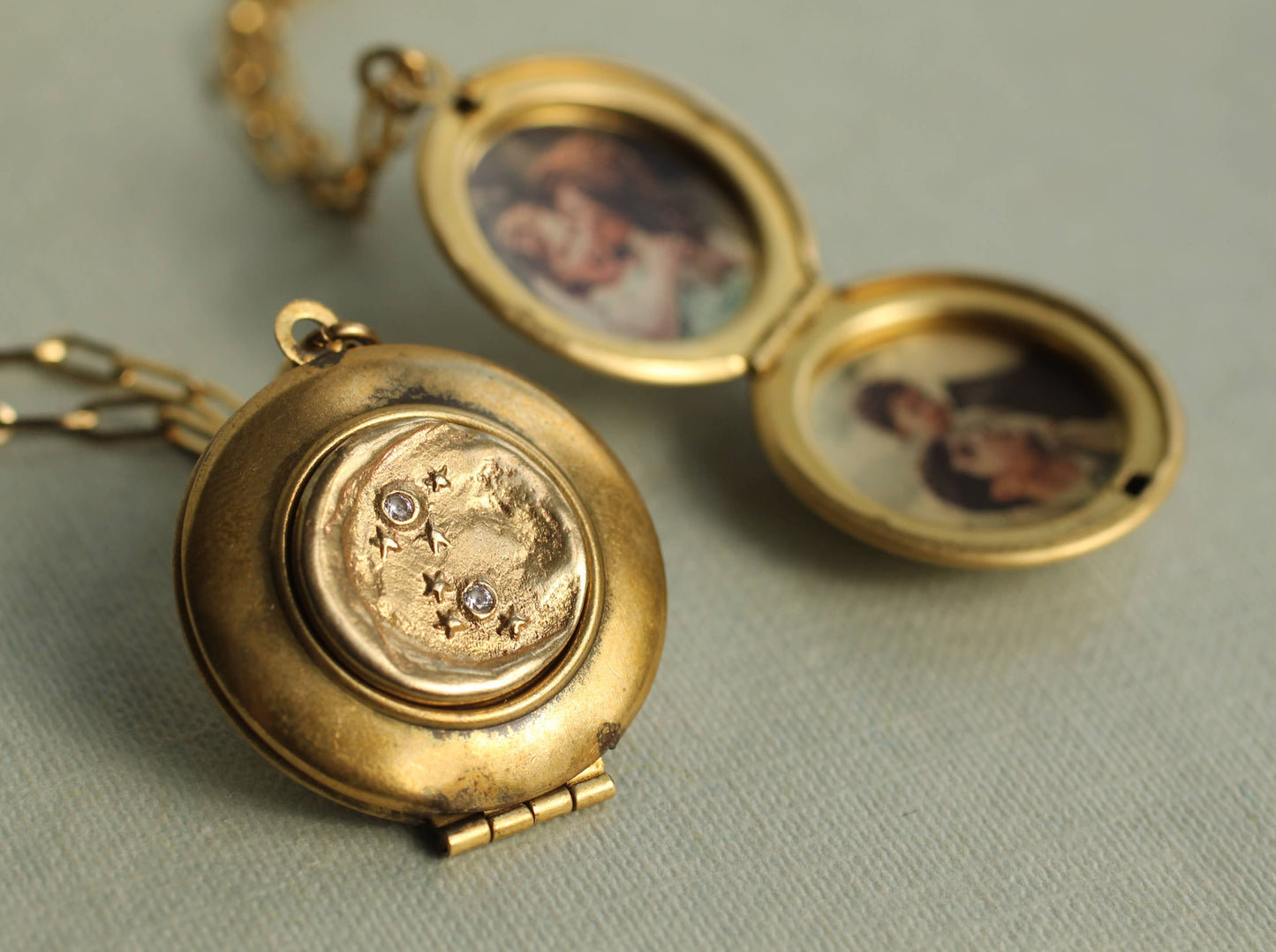 Gold Moon & Star Locket Necklace