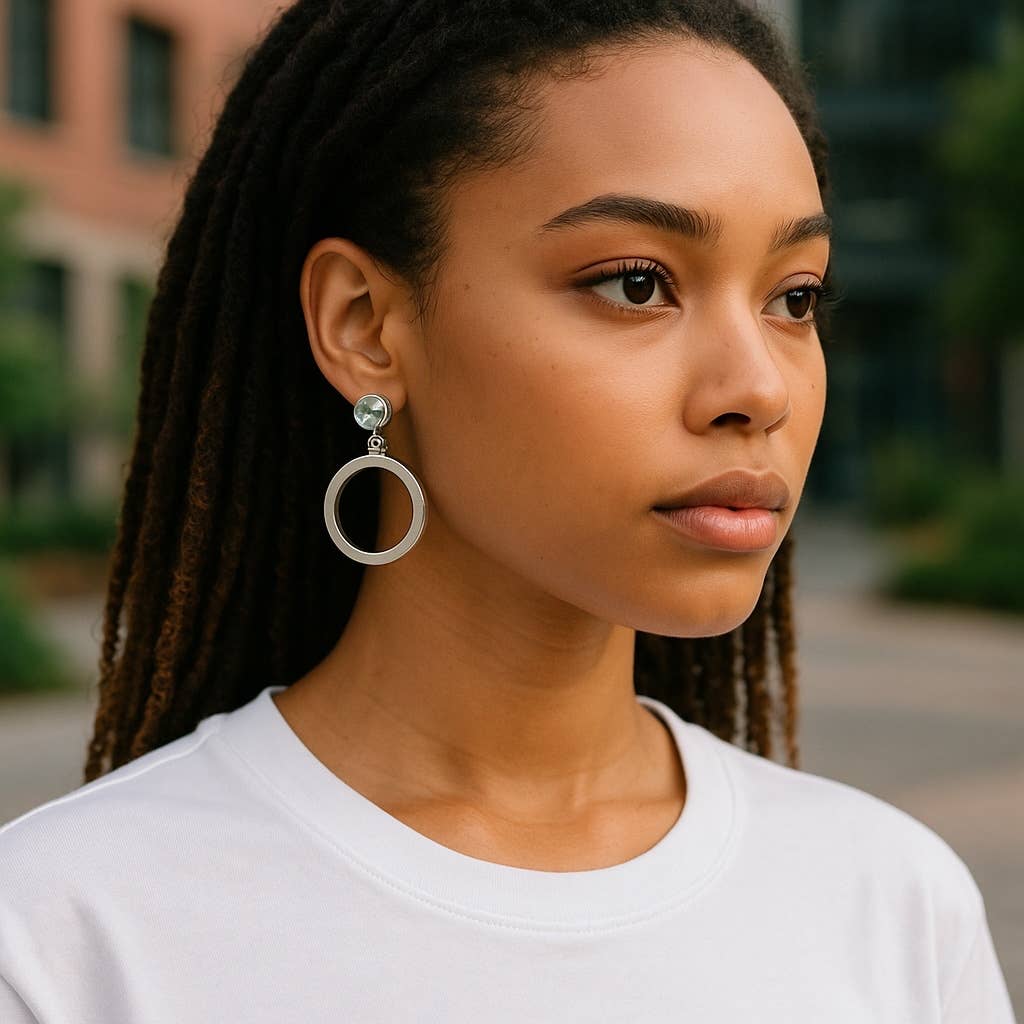 STERLING SILVER CIRCLE DROP EARRINGS WITH BLUE TOPAZ