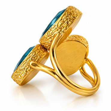 Deep Teal Three-Stone Statement Ring in Textured Gold