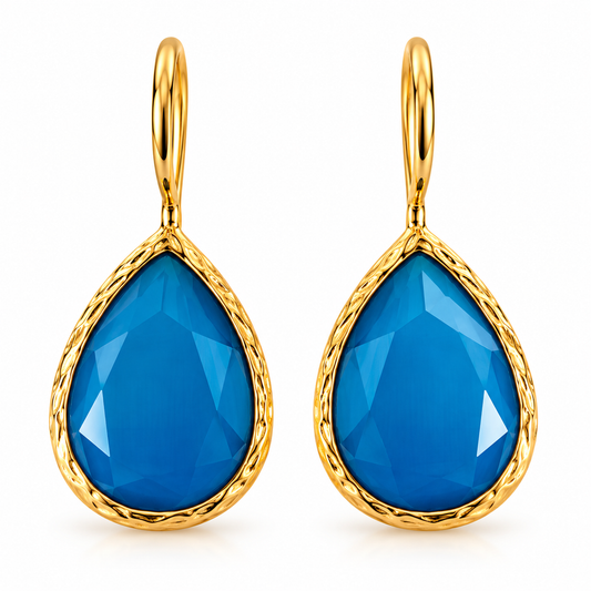 Ocean Blue Faceted Teardrop Earrings in Textured Gold