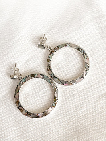 STERLING SILVER INLAY ABALONE HOOP POST EARRINGS