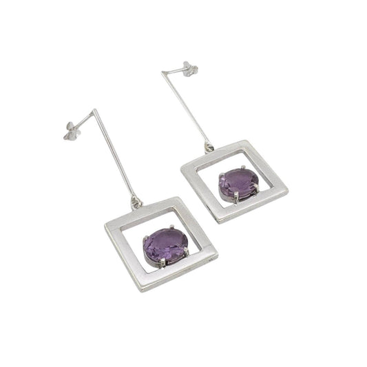 STERLING SILVER PURPLE SQUARE DROP EARRINGS