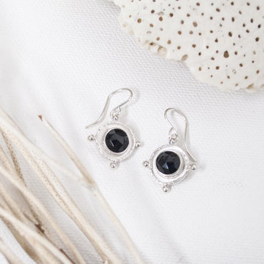 SILVER BLACK ONYX MEDALLION GEM DROP EARRINGS