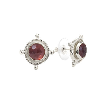 SILVER GARNET MEDALLION STUD EARRINGS