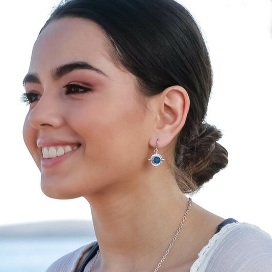 SILVER LAPIS MEDALLION GEM DROP EARRINGS