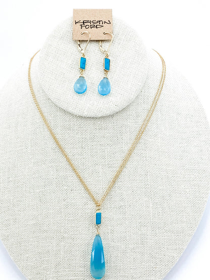 TURQUOISE HOWLITE BAGUETTE WITH CHALCEDONY DROP NECKLACE