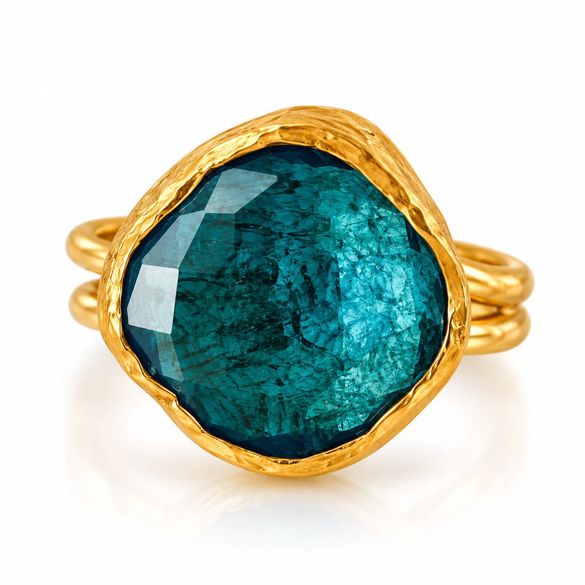 Deep Ocean Teal Faceted Statement Ring in Textured Gold