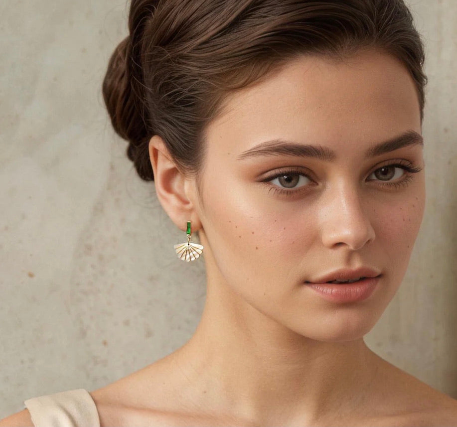 Art Deco Mother of Pearl Scallop Emerald Earrings