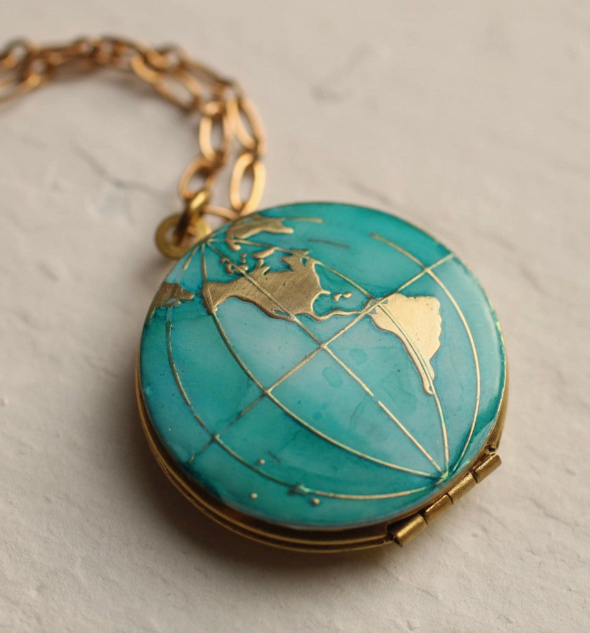 WORLD MAP GOLD WATERCOLOR LOCKET