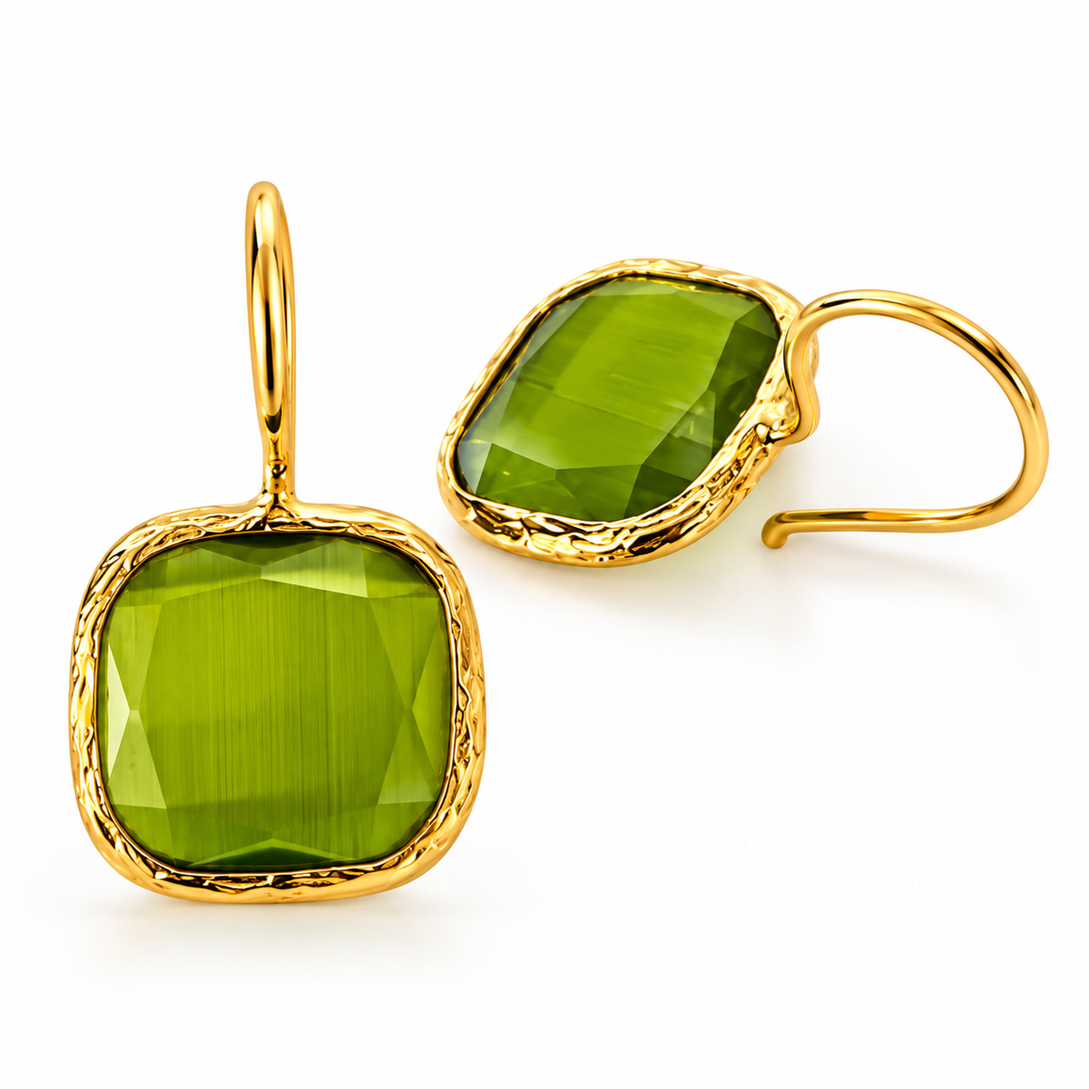 Olive Green Faceted Drop Earrings in Textured Gold
