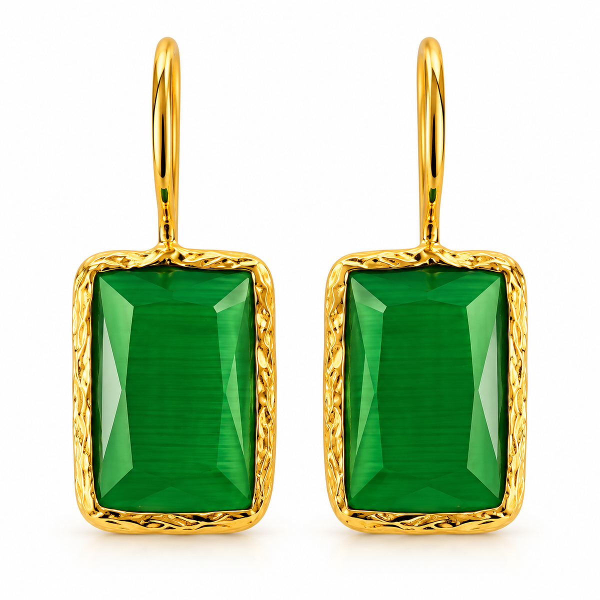 Emerald Green Faceted Rectangle Drop Earrings in Textured Gold