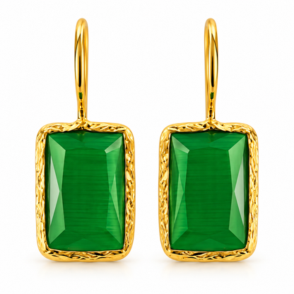 Emerald Green Faceted Rectangle Drop Earrings in Textured Gold