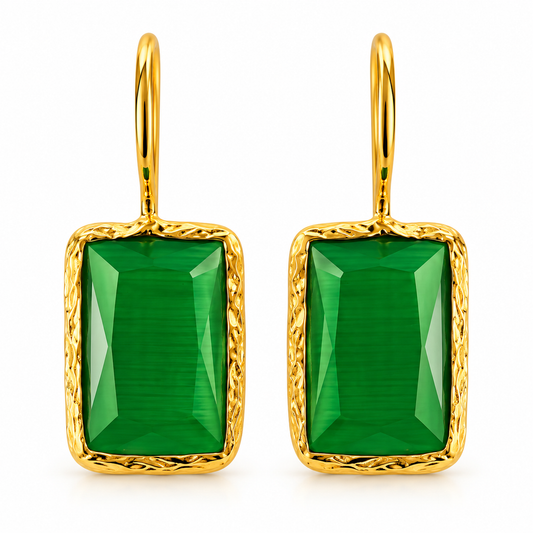 Emerald Green Faceted Rectangle Drop Earrings in Textured Gold