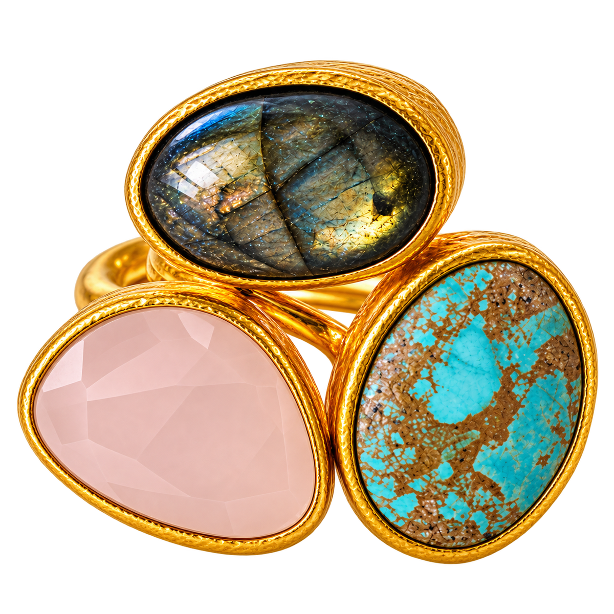 Turquoise, Rose Quartz & Labradorite Three-Stone Statement Ring