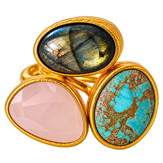 Turquoise, Rose Quartz & Labradorite Three-Stone Statement Ring