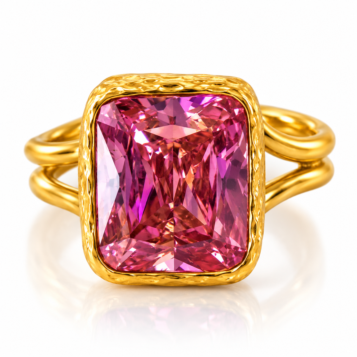 Radiant Pink Cushion-Cut Statement Ring in Textured Gold