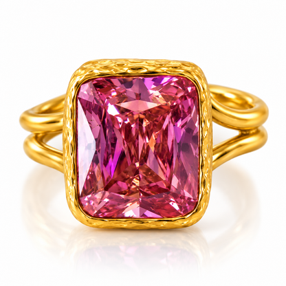 Radiant Pink Cushion-Cut Statement Ring in Textured Gold