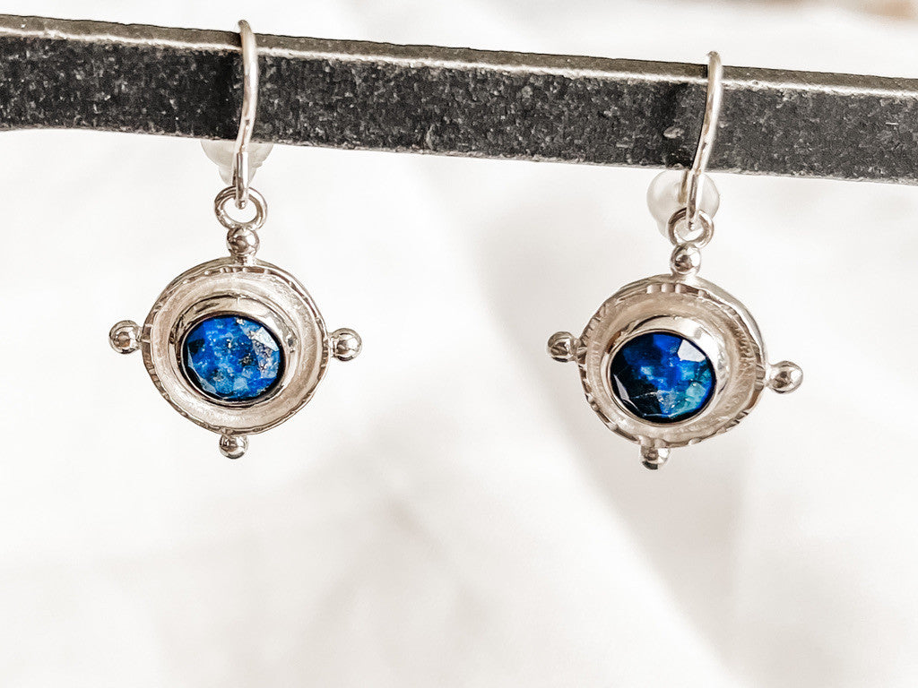 SILVER LAPIS MEDALLION GEM DROP EARRINGS