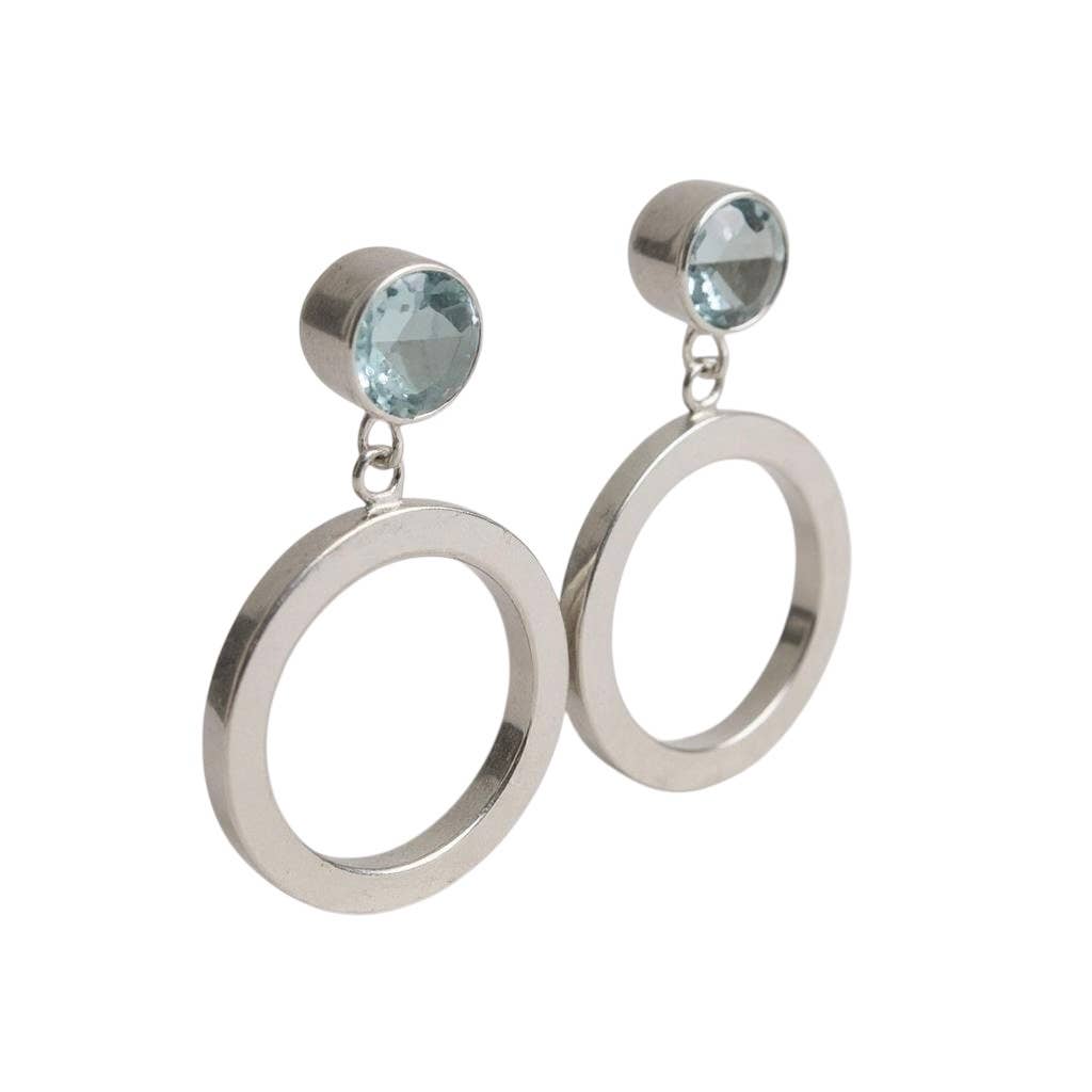STERLING SILVER CIRCLE DROP EARRINGS WITH BLUE TOPAZ
