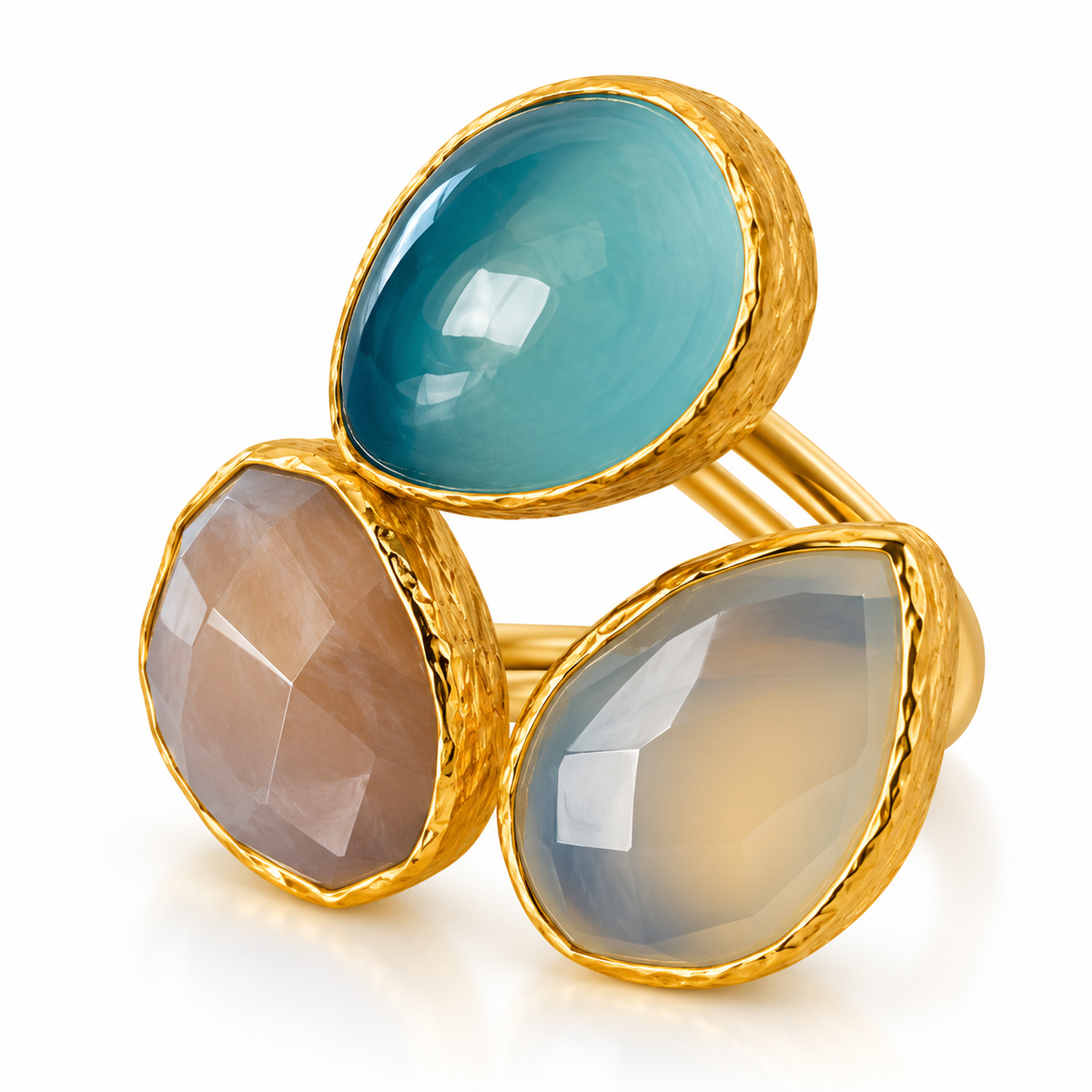 Three-Stone Statement Ring in Textured Gold