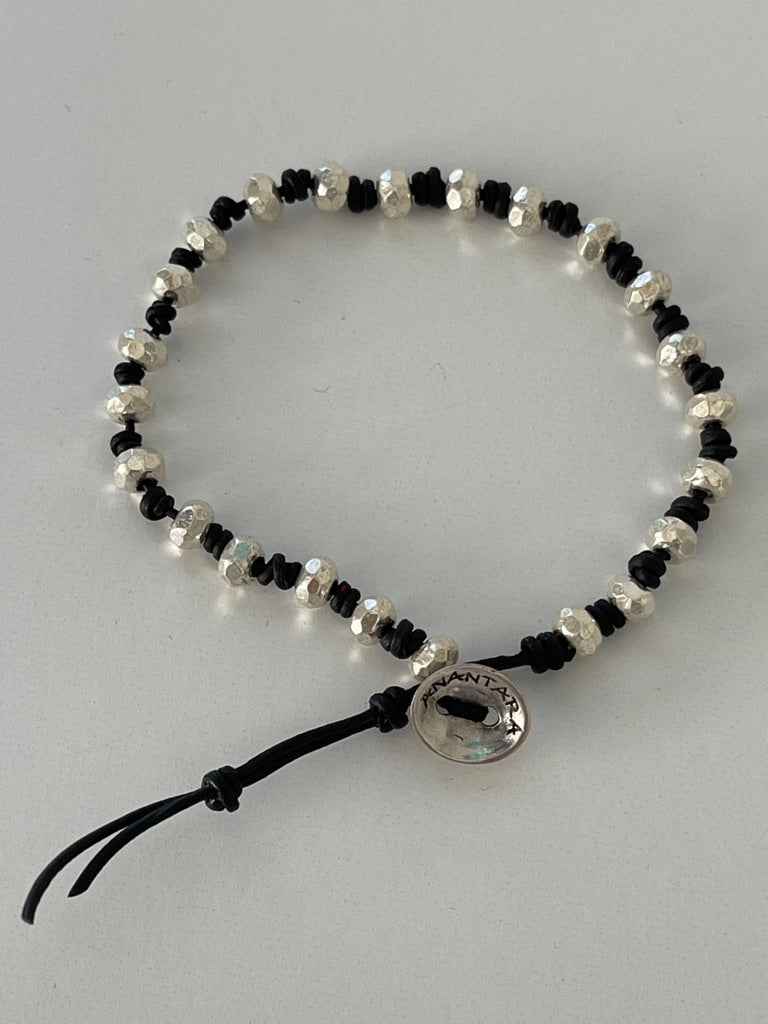Men's Knotted Leather and Silver Beaded Bracelet