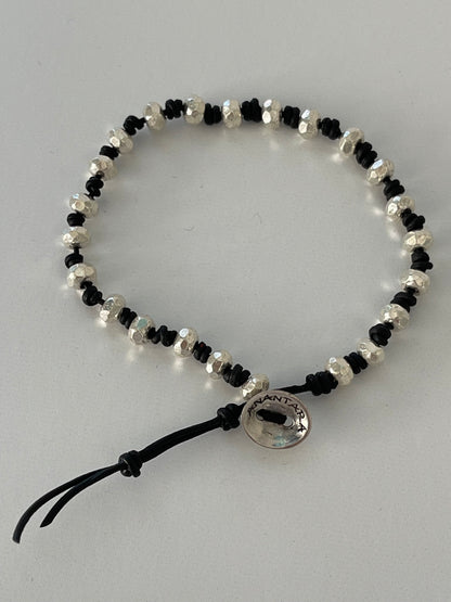 Men's Knotted Leather and Silver Beaded Bracelet