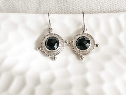 SILVER BLACK ONYX MEDALLION GEM DROP EARRINGS