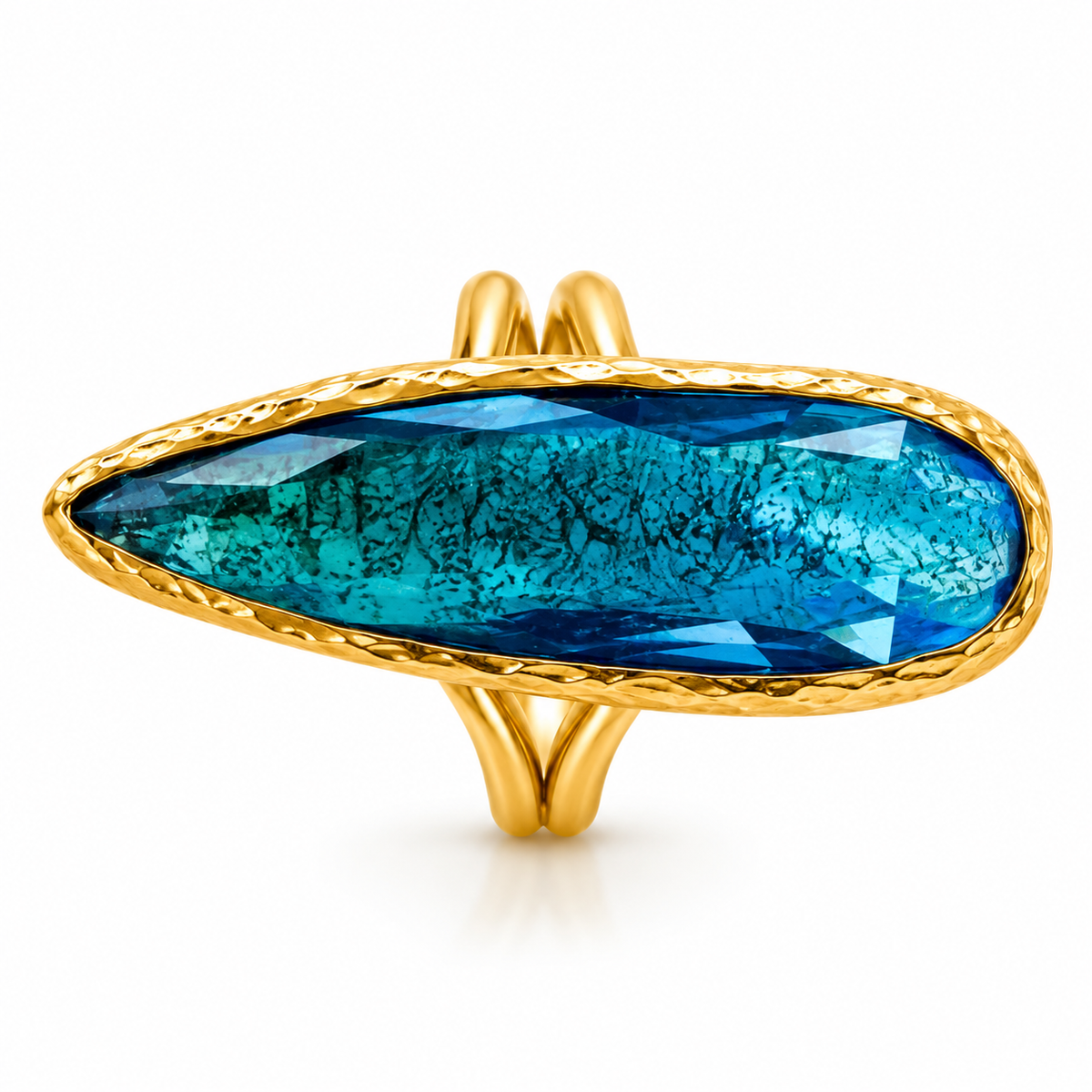 Ocean Blue Elongated Statement Ring in Textured Gold