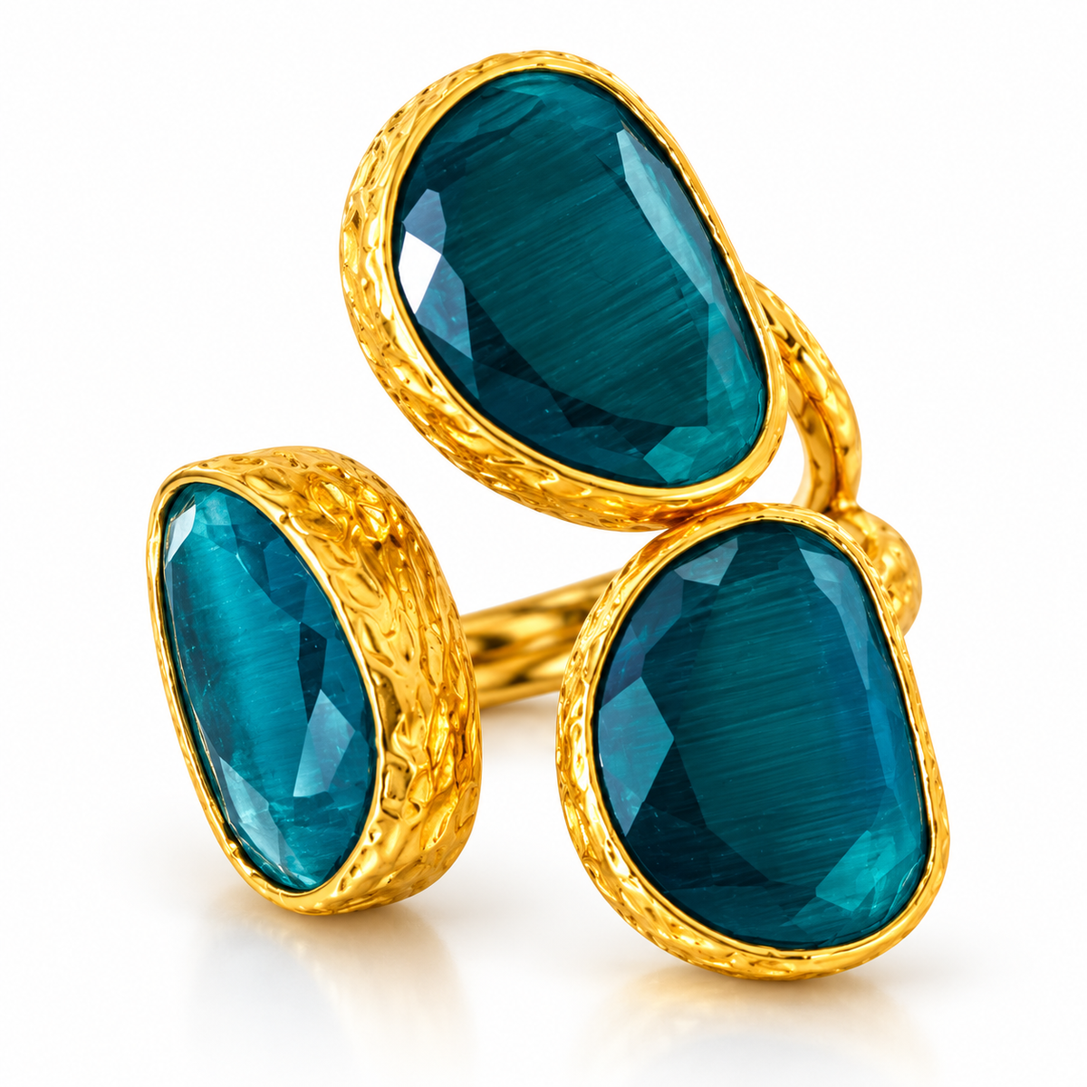 Deep Teal Three-Stone Statement Ring in Textured Gold