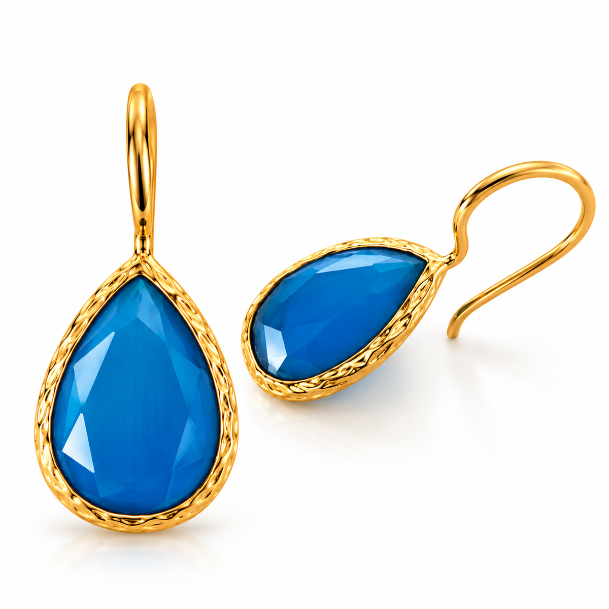 Ocean Blue Faceted Teardrop Earrings in Textured Gold