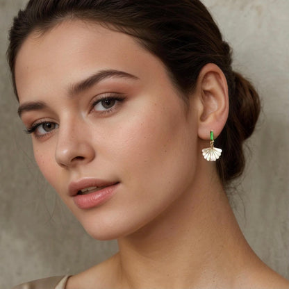 Art Deco Mother of Pearl Scallop Emerald Earrings