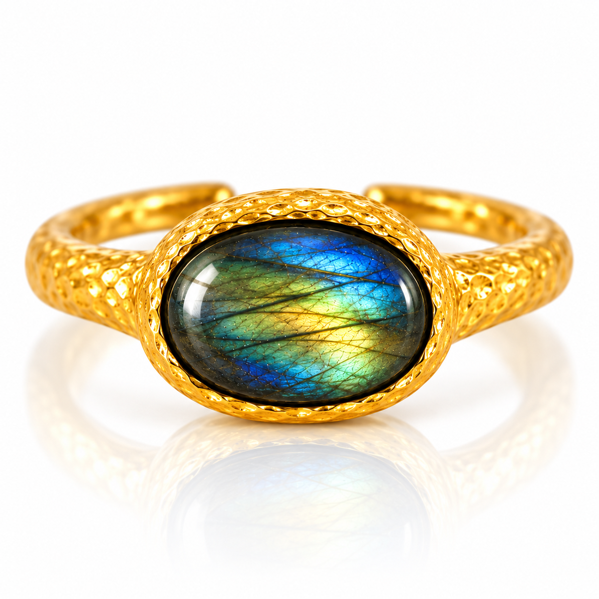 Mystical Labradorite Oval Ring in Textured Gold | Adjustable Statement Ring