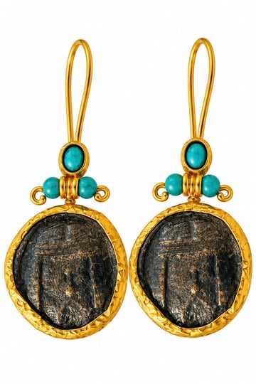Ancient Coin & Turquoise Statement Earrings – Gold-Tone Artisan Drops