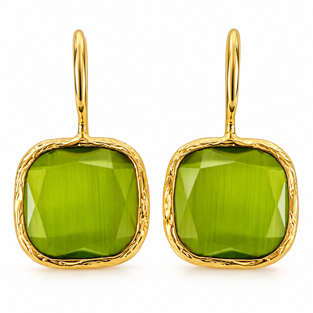 Olive Green Faceted Drop Earrings in Textured Gold