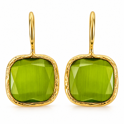 Olive Green Faceted Drop Earrings in Textured Gold