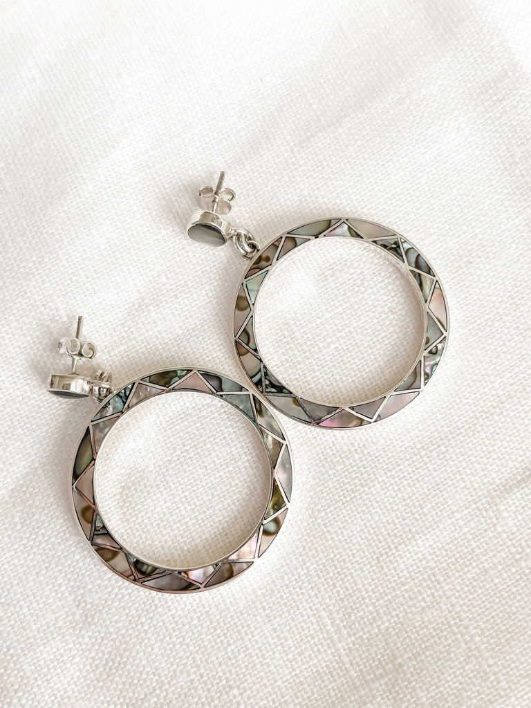 STERLING SILVER INLAY ABALONE HOOP POST EARRINGS