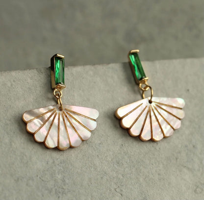 Art Deco Mother of Pearl Scallop Emerald Earrings
