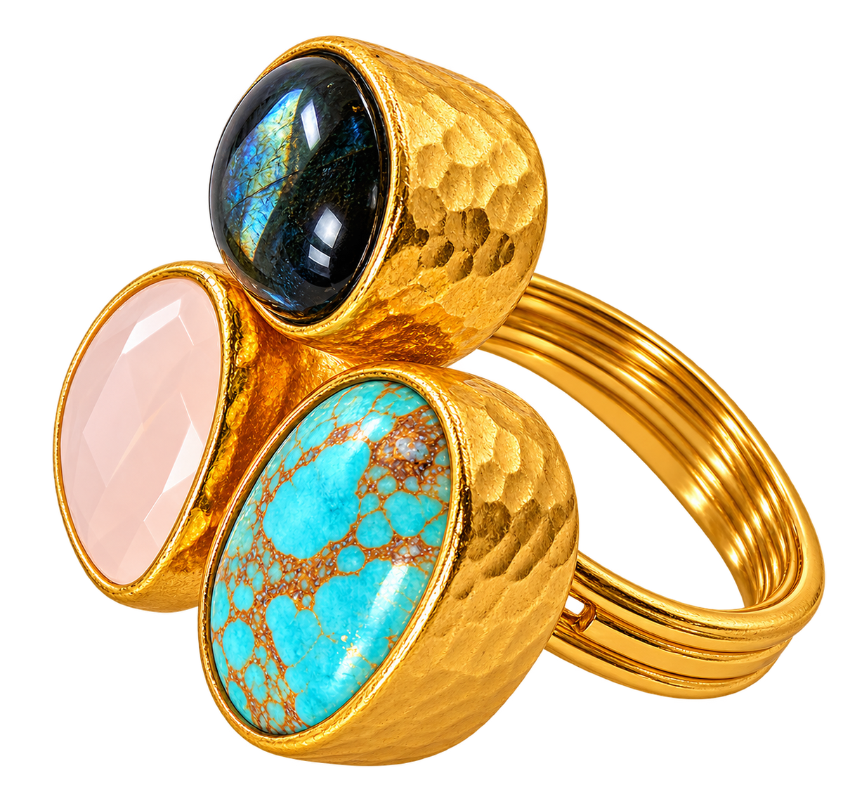 Turquoise, Rose Quartz & Labradorite Three-Stone Statement Ring