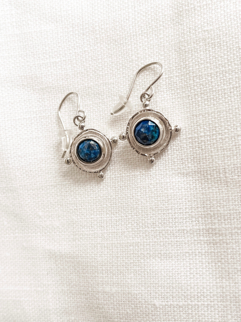 SILVER LAPIS MEDALLION GEM DROP EARRINGS