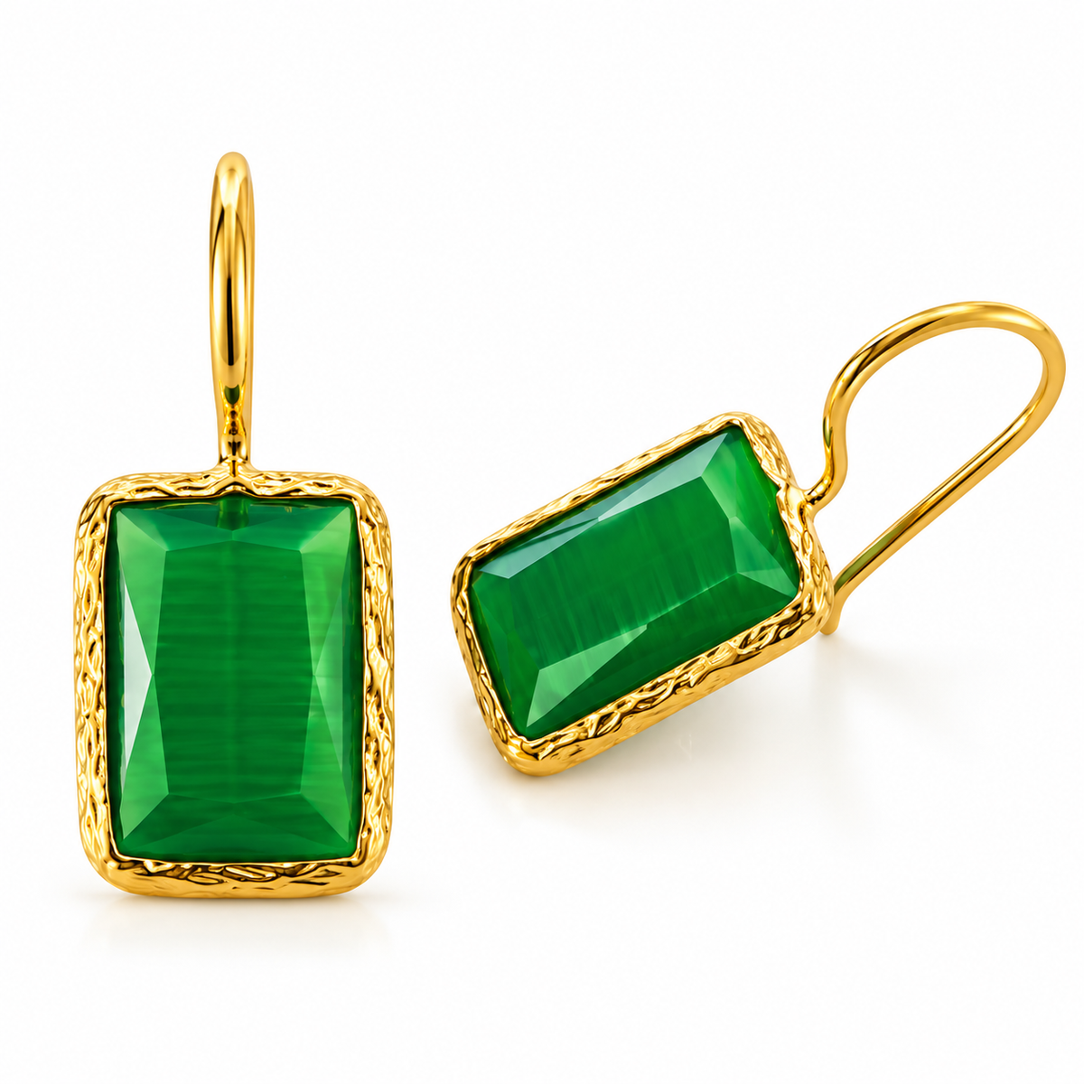 Emerald Green Faceted Rectangle Drop Earrings in Textured Gold
