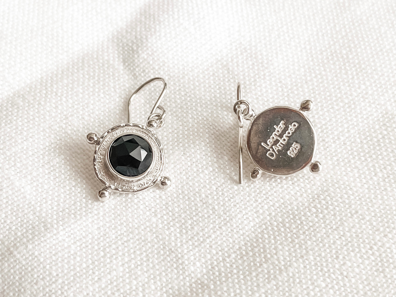 SILVER BLACK ONYX MEDALLION GEM DROP EARRINGS