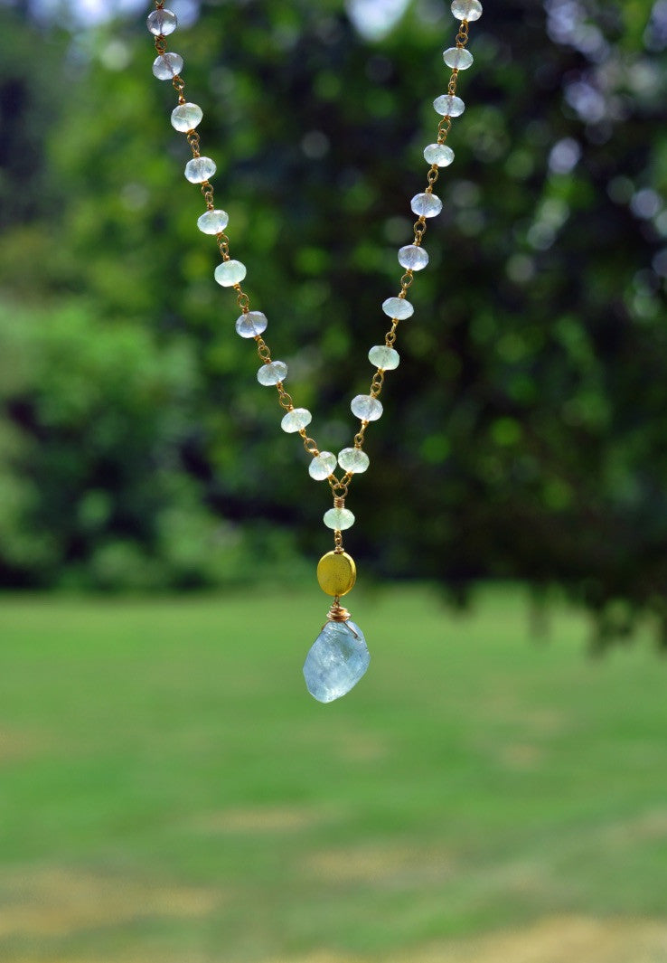 14k Gold Filled Prehnite Chain w/Aquamarine Nugget & Gold Filled Coin Necklace